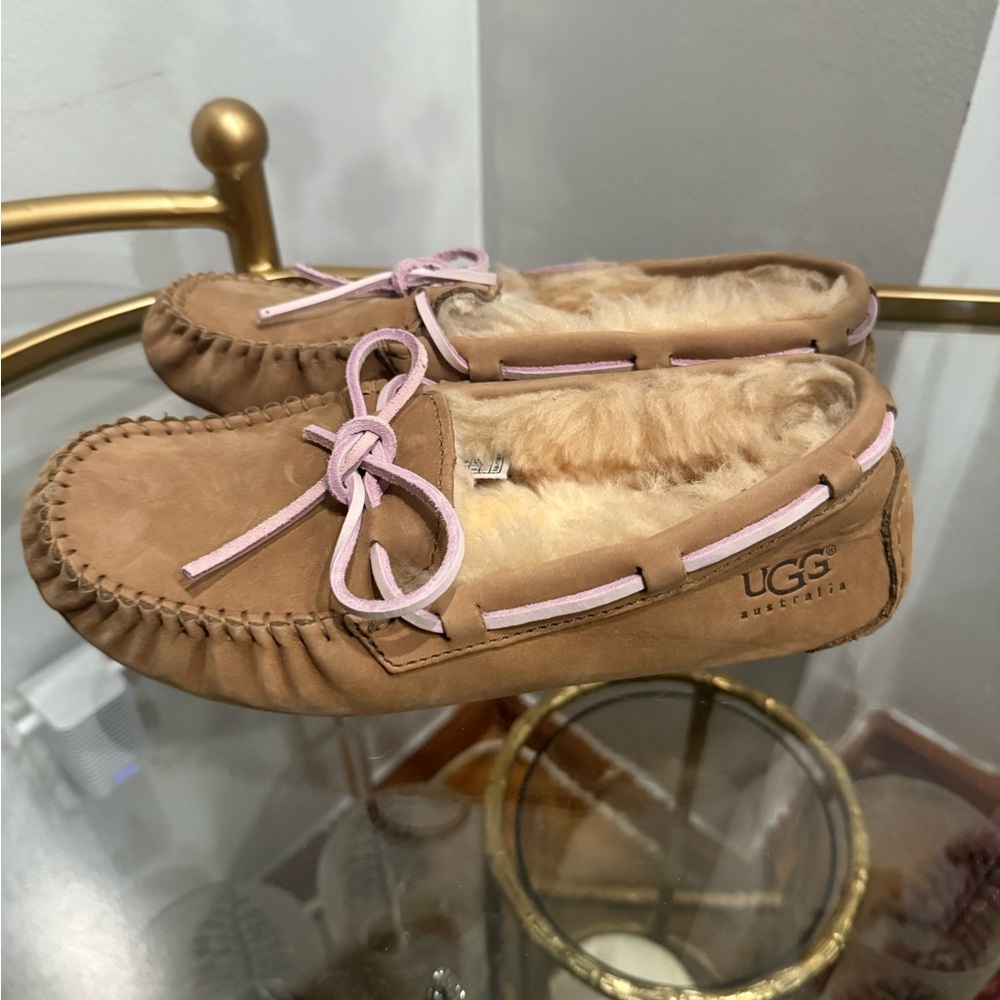 UGG Tan Moccasin Slippers with Pink Accents